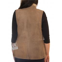 Womens Shearling Sheepskin Zip Gilet - Taupe - Back