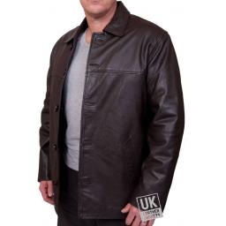 Men's  3/4 Length Brown Hide Leather Jacket - Plus Size - Moore - Open