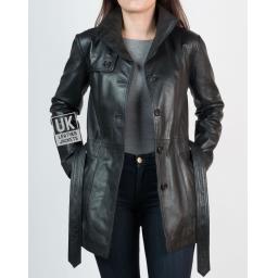 Womens 3/4 Length Black Leather Coat Jacket - Front Collar