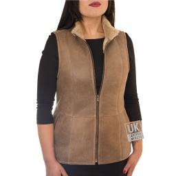 Womens Shearling Sheepskin Zip Gilet - Taupe - Front