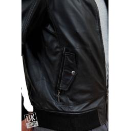 Men's Black Leather Bomber Jacket - Axis - Detail