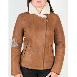 Womens Tan Shearling Sheepskin Flying Jacket - Front Collar Up