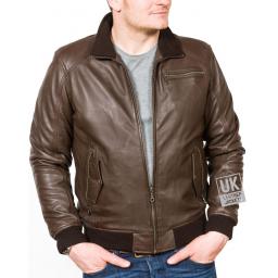 Men's Brown Leather Bomber Jacket - Axis - Main