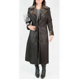 Womens Lambskin Full Length Coat - Dark Brown - Inside Button