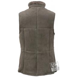 Womens Shearling Sheepskin Zip Gilet - Grey Suede - Back