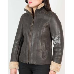 Womens Sheepskin Jacket - Funnel Neck Zip Thru Collar - Ella - Front Zipped