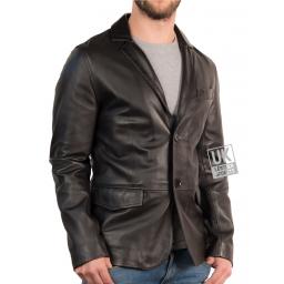 Men's Fitted 2 Button Leather Blazer – Black - Front