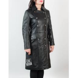 Womens 7/8th Length Double Breasted Black Leather Coat – Maxim - Double Breast Front