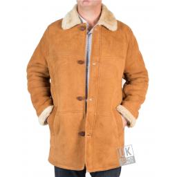 Mens Shearling Sheepskin 3/4 Length Coat - Sunningdale - Tan - Front Unbuttoned