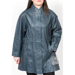 Women's Blue Leather Swing Coat - Jewel - Front Closed