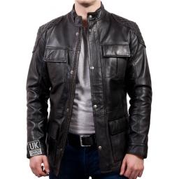 Mens Black Leather Vintage Racing Jacket - Storm - Open