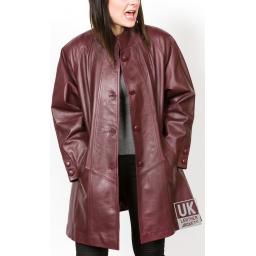 Women's Burgundy Leather Swing Coat - Jewel - Front