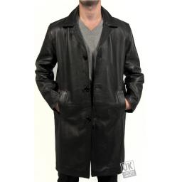 Men's Knee Length Black Cow Hide Leather Coat - Saint - Front Open