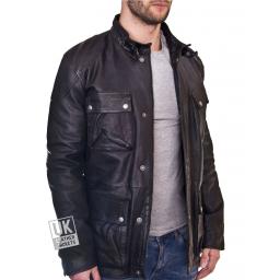 Mens Hip Length Leather Jacket - Longhurst - Black - Front Side