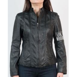 Ladies Black Classic Zip Leather Jacket - Crushed Finish - Front