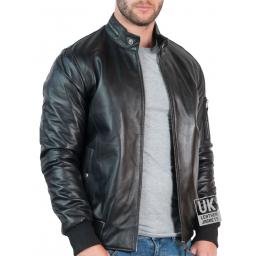 Men's Black Leather Bomber Jacket - Voltan - Front