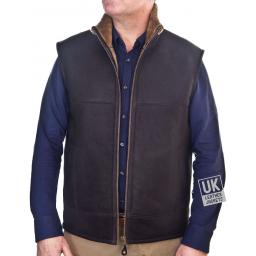 Mens Shearling Sheepskin Gilet - Stirling - Brown Wool - Front