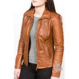 Women's Tan Leather Jacket - Delta - Open