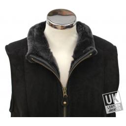 Womens Shearling Sheepskin Zip Gilet - Black Suede - High Zip Through Collar