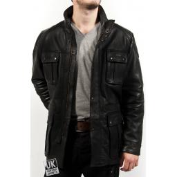 Men's Vintage Racing Leather Jacket in Black Cow Hide - Plus Size - Farley - Front Open