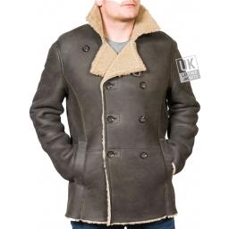 Men’s Black Double Breasted Shearling Sheepskin Jacket - Pea Coat - Front