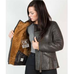 Womens Shearling Sheepskin Jacket - Anara - Brown Wool - Lining