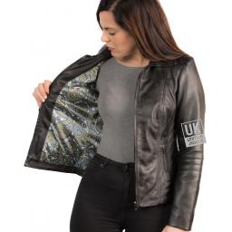 Women's Black Leather Jacket - Delta  - Lining