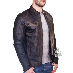 Mens Burnished Black Leather Biker Jacket - Morgan - Front