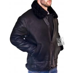 Men's Shearling Sheepskin Flying Jacket - Atlas - Black Wool - Lining