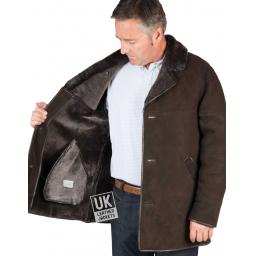 Mens Brown Shearling Sheepskin Car Coat - Foxhills - Wool Interior