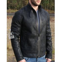 Mens Black Shearling Sheepskin Flying Jacket - Montreal - Front