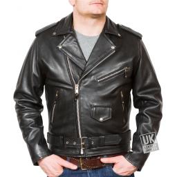 Men's Cross Zip Belted Biked Jacket - Superior Black Cow Hide - Brando - Main