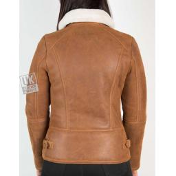 Womens Tan Shearling Sheepskin Flying Jacket - Back