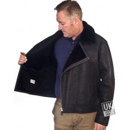 Mens Black Shearling Sheepskin Flying Jacket - Vail - Lining