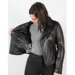 Womens Cross Zip Black Leather Jacket - Trinity - Lining