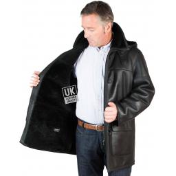 Finest Men's Black Shearling Sheepskin Duffle Coat - Regent - Lining