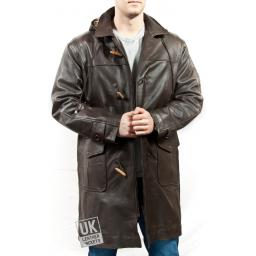 Mens Brown Nappa Leather Duffle Coat - Detach Hood - Avon - Front