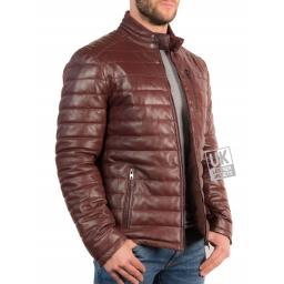 Mens Burgundy Leather Jacket - Ultra Light Quilted - Side