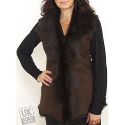 Long Toscana Sheepskin Gilet in Brown - Front 2