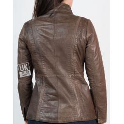 Womens Hip Length Zip Leather Jacket - Brown - Back