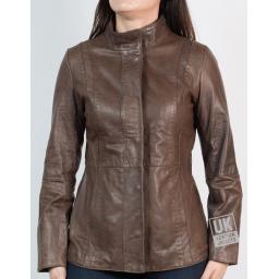 Womens Hip Length Zip Leather Jacket - Brown