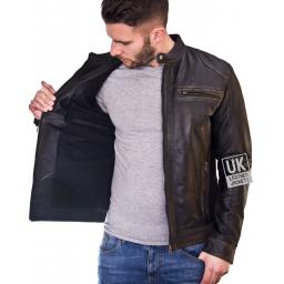 Mens Burnished Black Leather Biker Jacket - Morgan - Lining