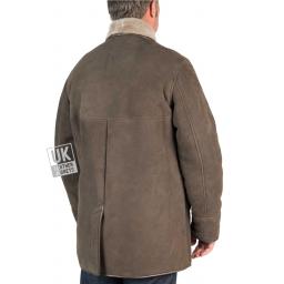 Mens Grey   Shearling Sheepskin Long Jacket - Foxhills - Back