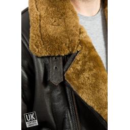 Men's Shearling Sheepskin Flying Jacket - Vintage Aviator - Brown Wool - Detail