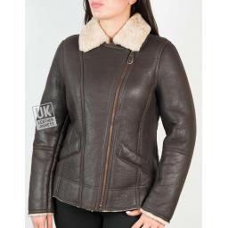 Womens Shearling Sheepskin Jacket - Anara - Mocha Cream - Front Zipped