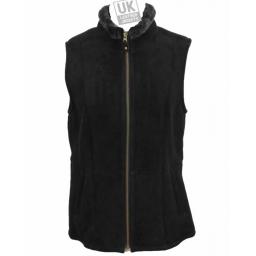 Womens Shearling Sheepskin Zip Gilet - Black Suede - Funnel Neck Collar