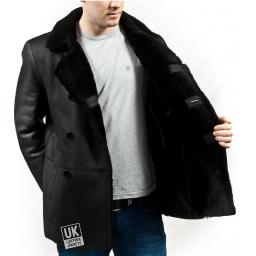 Men’s Black Double Breasted Shearling Sheepskin Jacket - Pea Coat - Wool Interior