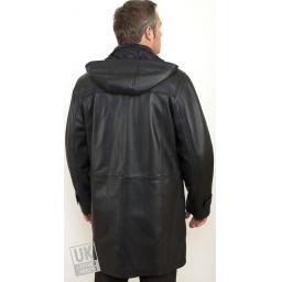 Men's Hooded Vintage Black Leather Duffle Coat - Plus Size - Monty - Rear