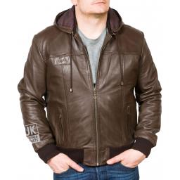 Men's Brown Hooded Leather Bomber Jacket - Troy - Main with hood