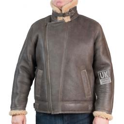 Mens Shearling Sheepskin Flying Jacket - Nevada - Vintage Brown - Wind Collar